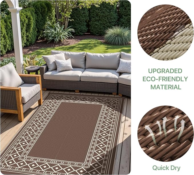 GENIMO Outdoor Rug Waterproof for Patio, 8'x10' Foldable Reversible Plastic Straw Carpet for Travel Trailers, Outside Area Mat for Rv, Deck, Picnic, Porch, Camper, Balcony, Beach, Coffee & Beige