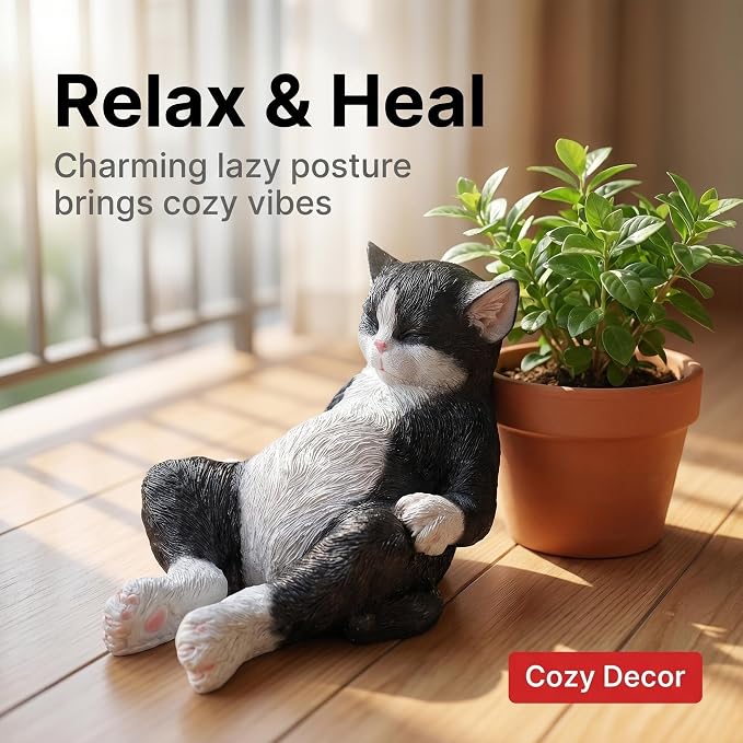 Cat Statue Outdoor Cat Figurines Garden Decor, Black & White Cat Statue Figurine Decor Sculpture for Patio, Yard, Resting Tuxedo Cat Statues for Indoor Table Accessory, Gift for Mom & Cat Lovers