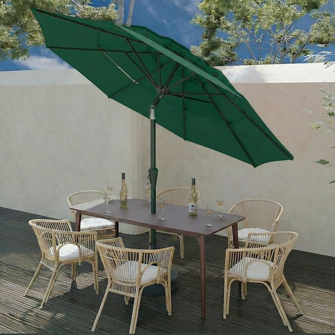 10FT Patio Umbrella 3 Tiers Outdoor Market Umbrella w/Push Button Tilt, Crank, UV and Waterproof Table Umbrella for Garden, Pool, Backyard, Deck, Lawn, Forest Green