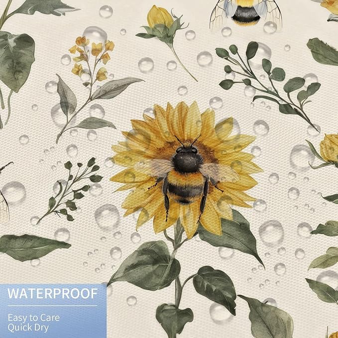 Rustic Boho Sunflowers Bee Shower Curtain, Vintage Chic Country Floral Botanical Floral Plant Farmhouse Cottagecore Aesthetic Shower Curtain Set with Hook, Beige Yellow Bath Curtain 72X72 Inch