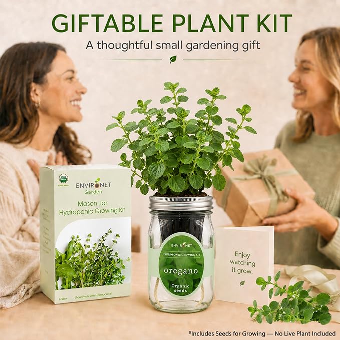 Hydroponic Herb Growing Kit, Self-Watering Mason Jar Herb Garden Starter Kit Indoor, Grow Your Own Herbs from Organic Seeds (Oregano)