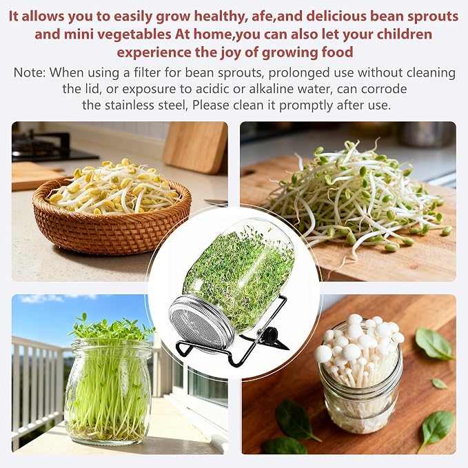 6 Pack Sprout Lids for Mason Jars Kit 316 Stainless Steel – 86mm Wide Mouth With 9 Mesh Filters & 4 Adjustable Stands – Easy Swap for Organic Broccoli, Alfalfa, Mung Bean Sprouts