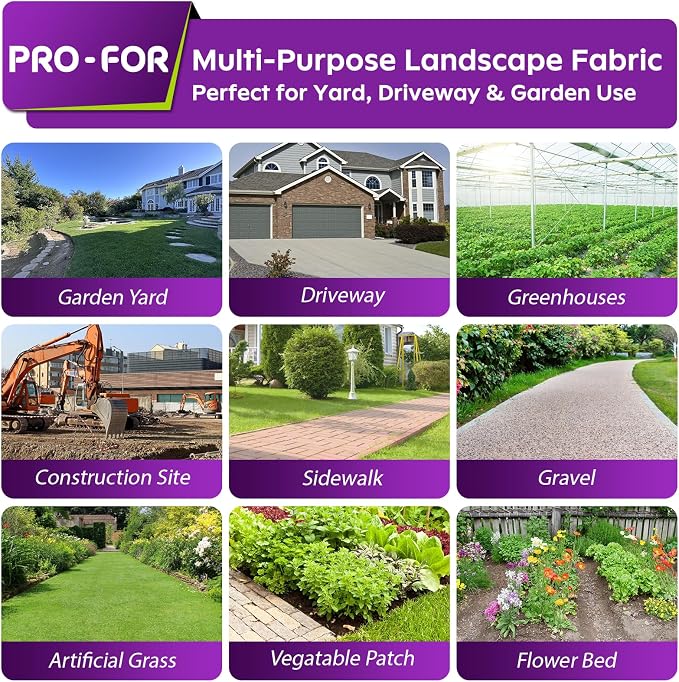 3FT x 50FT 3.2oz Heavy Duty Weed Barrier Landscape Fabric – Premium Woven Ground Cover for Gardening, Farming & Driveways, Breathable Weed Control Cloth with 10 U-Shaped Securing Pegs