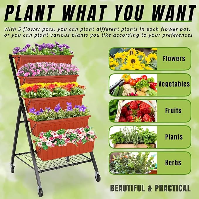 TEANDE Vertical Raised Garden Bed, 5-Tier Elevated Planter Box w/Drainage System & 4 Hooks for Herbs Vegetables Flowers, Vertical Garden Planter for Patio Yard Indoor Outdoor