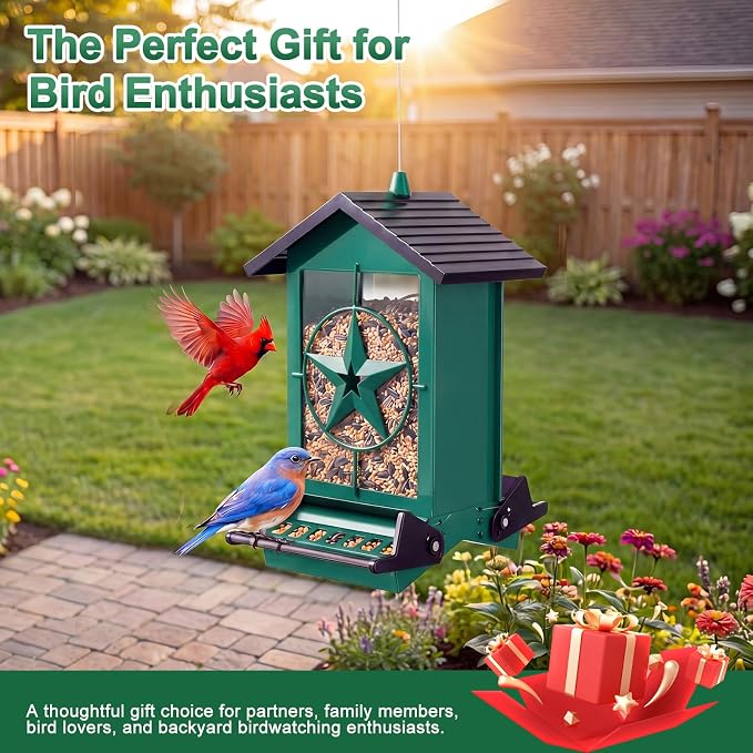 Squirrel Proof Bird Feeders for Outdoors with Weight-Activated, Metal 5LB Large Wild Bird Feeders for Cardinals,Blue Jay,Finch, Weatherproof Durable Hanging Bird Feeder for Backyard,Garden (Green)