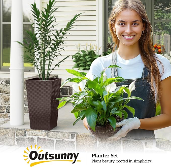 Outsunny Tall Planters for Outdoor Plants Set of 3, 24 in Taper Planters with Drainage Holes, Rattan Decor Plant Pots for Indoor Outdoor Front Porch Patio Backyard, Brown
