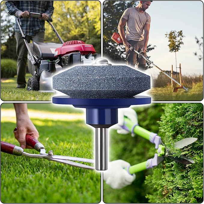 4PCS Lawnmower Blade Sharpener, Universal Rotary Lawn Mower Blade Sharpener with Balancer for Any Power Hand Drill (Blue)