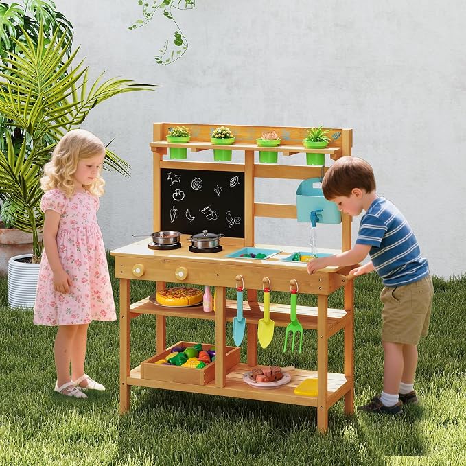Costzon Mud Kitchen, Toddler Wooden Pretend Playset w/Faucet, Pots, Removable Sinks, Chalkboard, Stovetops & Planting Accessories, Mud Kitchen for Kids Outdoor, Garden, Backyard, Girls & Boys 3+
