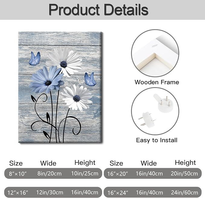 MYUSRE Farmhouse Blue Floral Canvas Wall Art, 16L X 12W Inch | Rustic Wood Daisy Butterfly Framed Wall Art Country Flower Pictures Wall Decor Ready to Hang