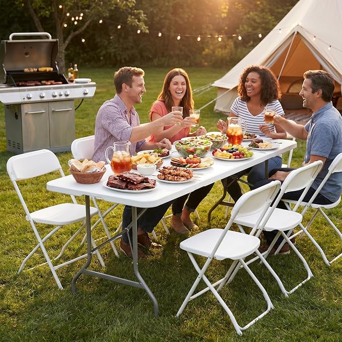 NEWBULIG 6 FT Foldable Table Easy to Fold and Store, Folding Picnic Table for Picnic Camping Kitchen Dining Party Outdoor Indoor with Carrying Handle, White