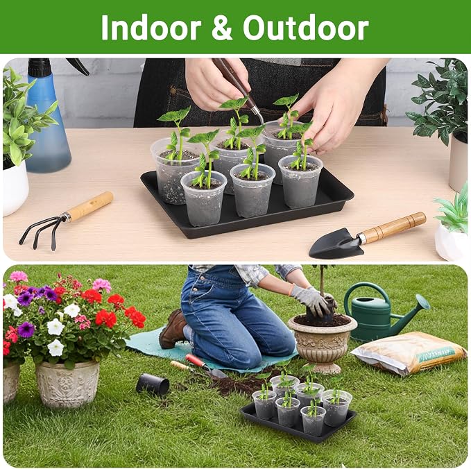 GREANER 10 Inch Plastic Plant Tray Saucer Rectangular, Black Heavy Duty Plant Trays No Holes, Humidity Trays for Indoor Outdoor Plants(3 Packs)