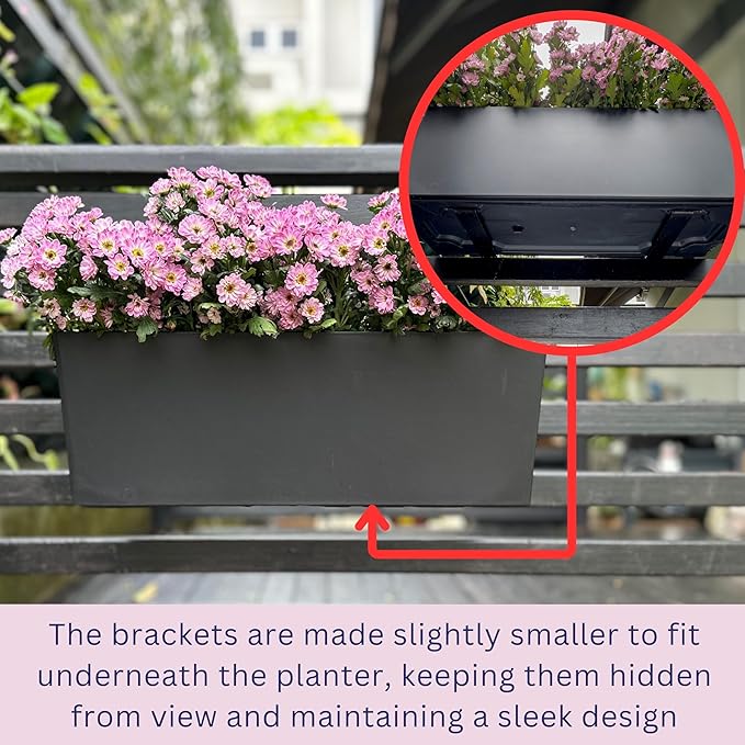 LaLaGreen Deck Railing Planter Boxes (14 Inch, 4 Pack) Self-Watering Window Box Planters with Brackets, Rectangular Hanging Flower Pots for Balcony Fence, Herb Garden Outdoor Black Plastic Planters