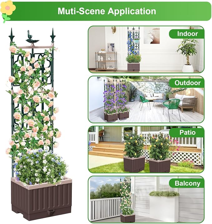 Raised Garden Bed Planter Boxes with Trellis,61.4" Self-Watering Trellis with Planter Box for Climbing Plants Flowers Vegetables,Use for Indoor Outdoor