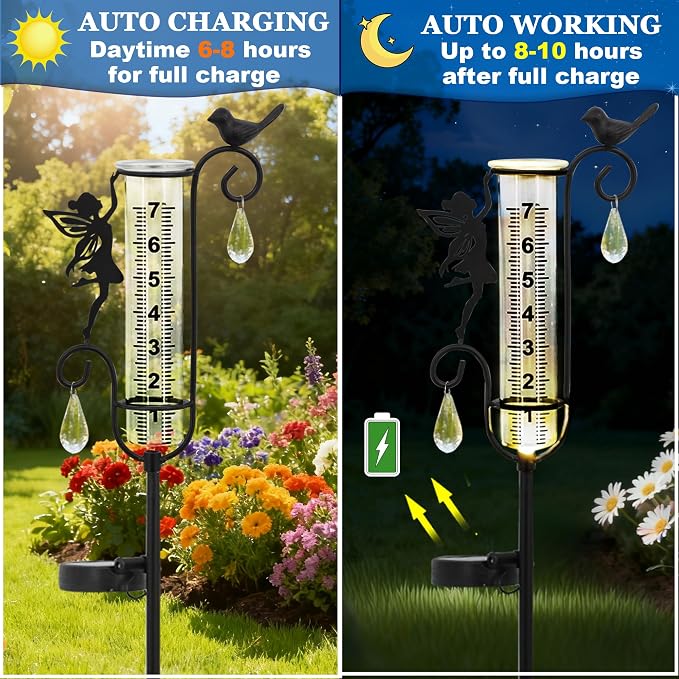 J-Fly Glass Weather Station with Rain Gauge for Solar Yard Decorations, Solar Glass Freeze Proof Rain Measure Gauge Outdoor Stratus Raingage Garden Stakes, Outdoor Yard Fairy Garden Decor Accessories