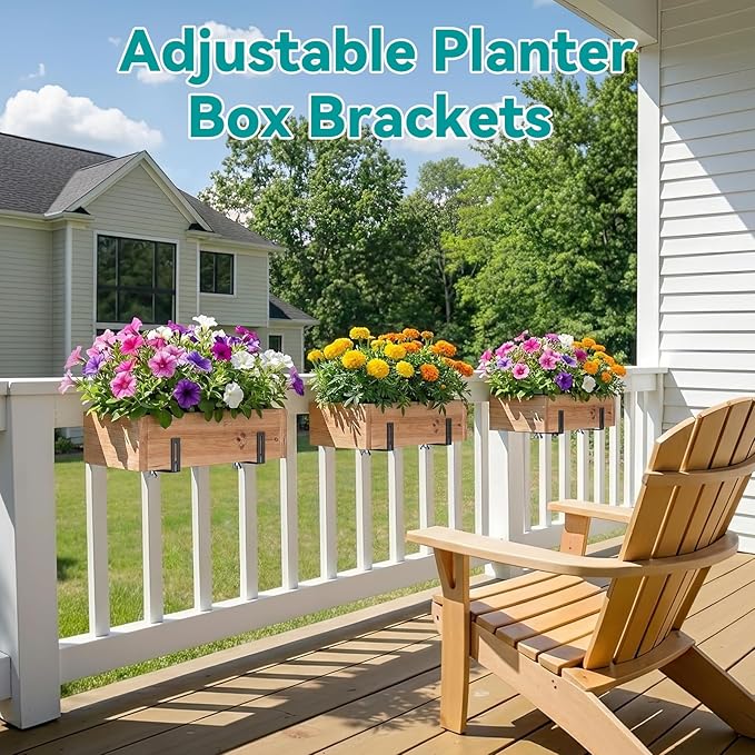 Adjustable Planter Box Brackets,Enhanced Bottom Support,Universal Outdoor Hanging Brackets,Flower Box Brackets for Fence Railings, Windowsill, Patio, Garden,Balcony. (6, Black)