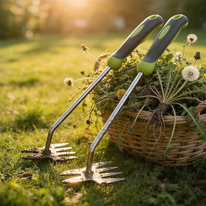 Garden Tools, 2-in-1 Hand Weeder Puller, Heavy Duty Stainless Steel Gardening Hand Tool for Deep Root Removal, Ergonomic Non-Slip Weed Remover for Lawn Yard Garden, 2 Pack