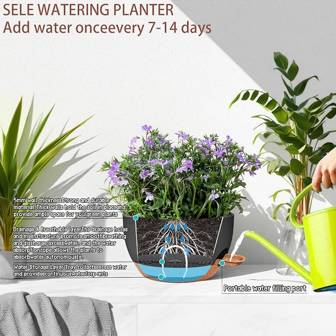 2 Pack 12" Self Watering Hanging Planters, Black Brown with Chains | Plastic hanging baskets with 43 Oz removable reservoir, for indoor outdoor plants, patio porch garden balcony decor