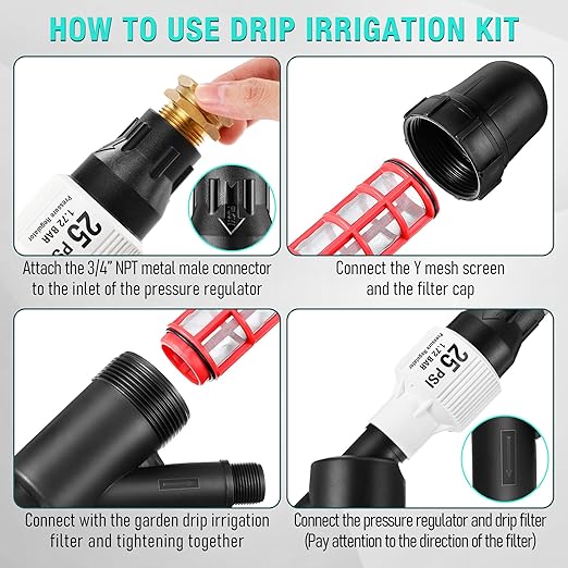 Aurelema Drip Irrigation Pressure Regulator and Filter 25 PSI Water Backflow Preventer for 3/4'' Garden/Faucet Hose Thread and Drip Irrigation Inline Y Filter 3/4" x 3/4" FHT Hose Connection (2 Pack)