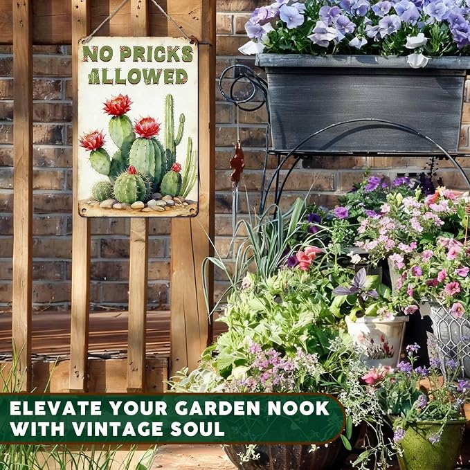 PEACHGARDEN Cactus Deocr Garden Signs No Pricks Allowed Southwestern Metal Tin Sign Cactus Wall Art Decor for Outdoor Garden Yard Greenhouse 8x12 inch