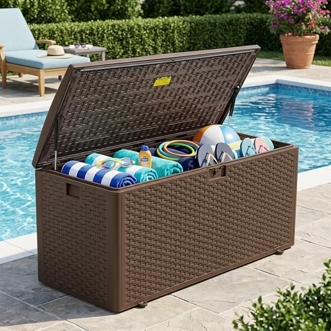 TARKARI Premium Pro Edition 180 Gallon Lockable Resin Deck Box, Waterproof & UV-Resistant Outdoor Storage Box for Outdoor Cushion Storage, Garden Tools & Pool Accessories Storage, Brown
