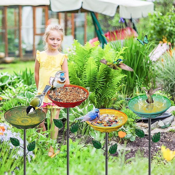 4PCS Flower Bird Baths for Outdoors, 5.9" Metal Hummingbird Bath with Adjustable Stake, Colorful Garden Birdbath Decor Set for Outside Yard Lawn Patio(Datura)