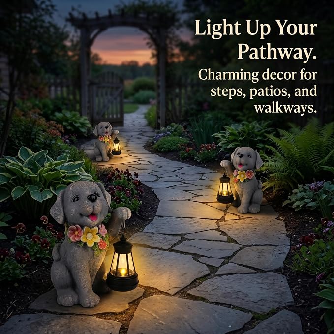 Dog Solar Light, Solar Dogs Statues Outdoor with Lantern, Cute Dogs Garden Figurines for Patio and Yard Decor, Gardening Gifts for Mom, Grandma, Dog Lovers