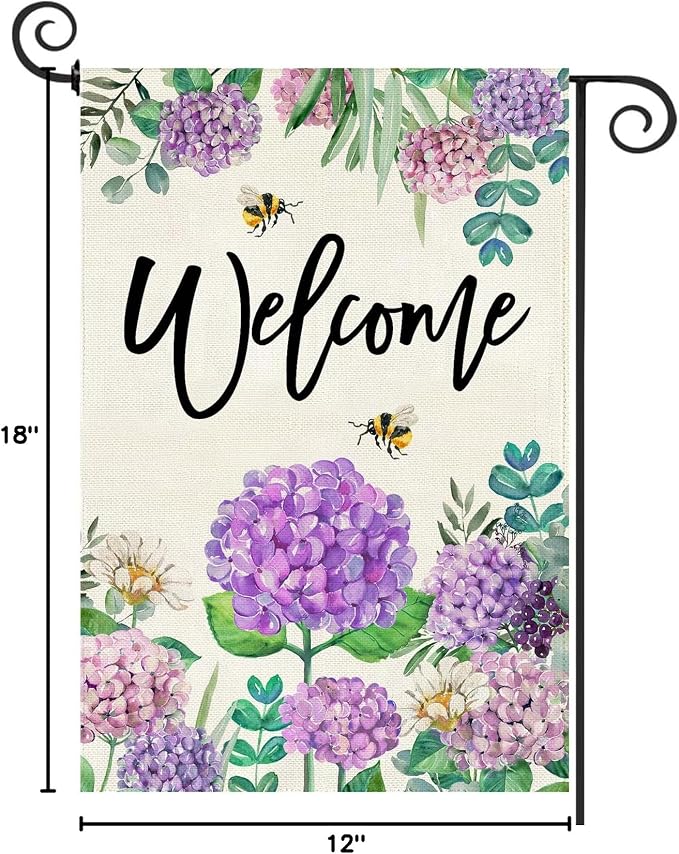 Baccessor Summer Hydrangea Garden Flag Double Sided 12x18 Inch, Purple Flower Floral Welcome Small Yard Flag Burlap Seasonal Farmhouse Yard Outdoor Decoration