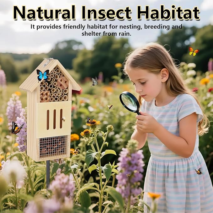 Wooden Insect House, Bee House with Metal Stake for Garden, Natural Ladbugs Habitat & Butterfly Hotel on The Ground or Hanging on Tree Wall (Pine, 4.13"x2.56" x10.63", 32'' H Stake)