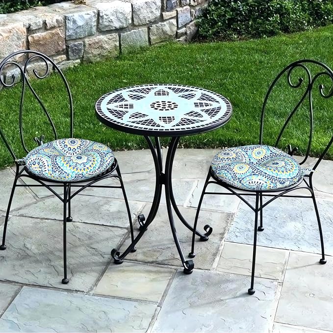 DYTXIII Set of 2 Outdoor Round Chair Cushions 15"x15"x4" with Ties, Water Repellent Tufted Bistro Seat Cushions, Thick Patio Chair Pads for Bar Stool, Garden & Dining Furniture - Blue Lagoon