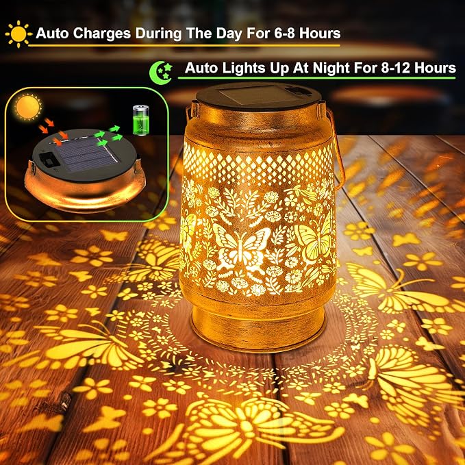 2 Pack Solar Lanterns Outdoor Butterfly Garden Decor, Birthday Gifts for Women Mom Grandma, Waterproof Metal Hanging Solar Lights LED Decoration with Shepherd Hook Outside for Yard Patio Lawn Porch