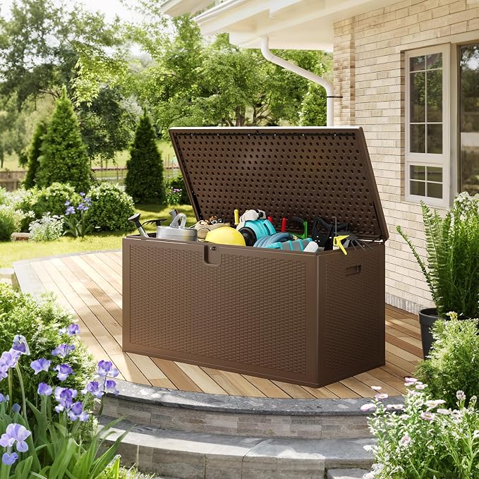 IDEALHOUSE 150 Gallon Resin Deck Box, Waterproof Outdoor Storage Box with Lockable Lid & UV Resistant, Patio Furniture Cushion Storage Container for Garden, Backyard, Poolside (Brown)