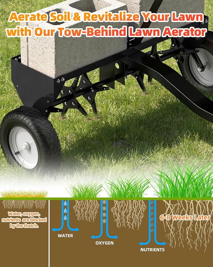 40" Tow Behind Aerator, Pull Behind Lawn Aerator Tool with Universal Hich, 24 Rust-Proof Knives & Heavy-Duty Tires, Plug Aerator for Yard & Garden Compacted Soil, Fits Lawn Tractors, ATV, UTV, Black