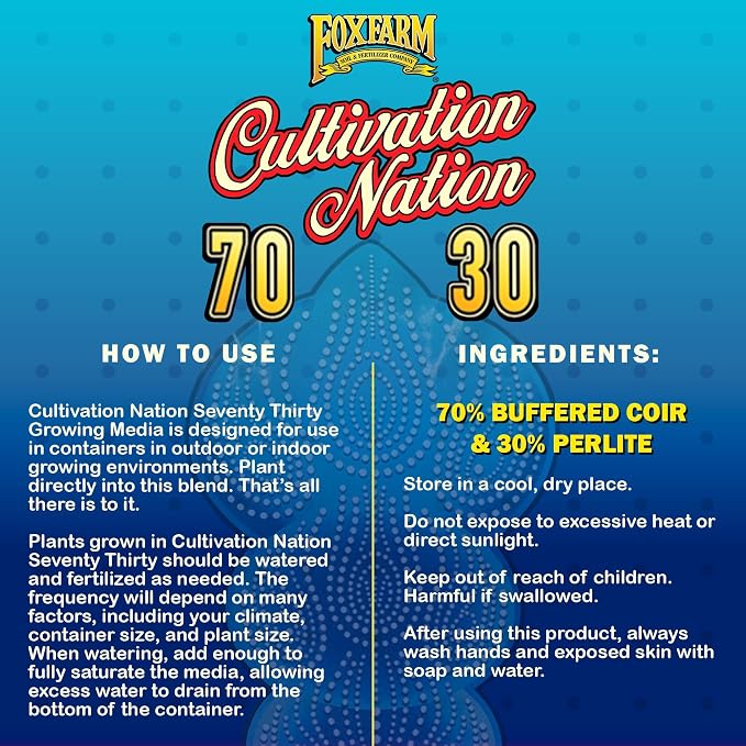 FoxFarm Cultivation Nation 70:30 Growing Media, 2cu ft - Mix of Coconut Coir and Perlite - Provides Aeration and Drainage, Use for Indoor/Outdoor Container Gardens