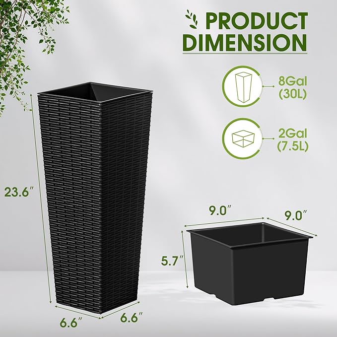 Devoko Resin Tall Planters for Outdoor Plants Set of 2, Large Taper Outdoor Planter Pots with 4 Drainage Holes, Flower Pots Modern Decor for Porch, Patio, Backyard, Home Garden (Black, 23.6")