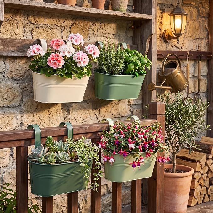 Hicarer Metal Hanging Flower Pots for Railing Fence, Large Hanging Rail Planters for Outdoor Window Balcony Plants Holder with Hooks for Garden Yard Home Decor(White,Green,4 Pcs)