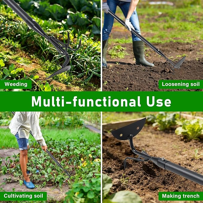2-in-1 Garden Hoe & Cultivator Tool – Heavy Duty 3-Tine Claw Rake with Adjustable Long Handle (52”-75”), Effortless Weeding, Soil Loosening & Planting, Ideal for Garden Beds, Yard & Backyard
