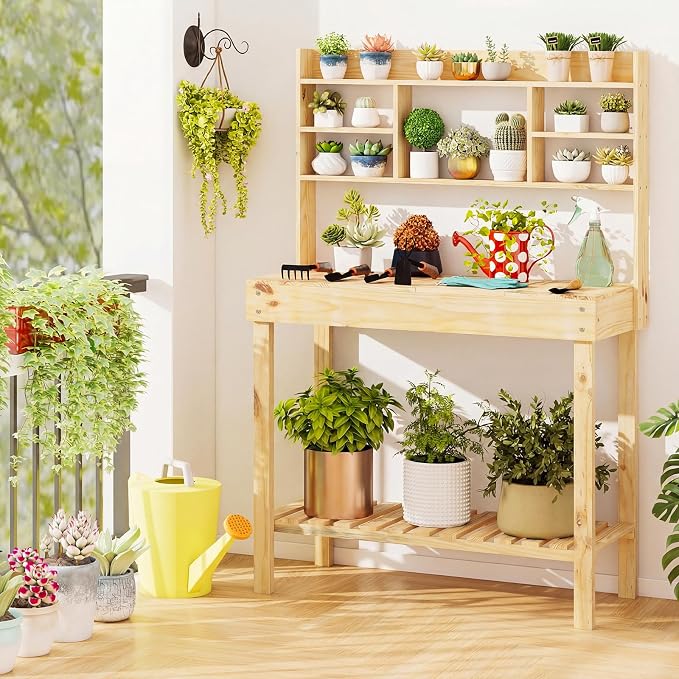 Giantex Potting Bench, Outside Solid Wood Potting Table with Flip-up Tabletop, Shelves, Indoor Outdoor Wooden Workbench for Patio Porch Balcony, Potted Plant Display Rack, 42"x18"x60", Natural