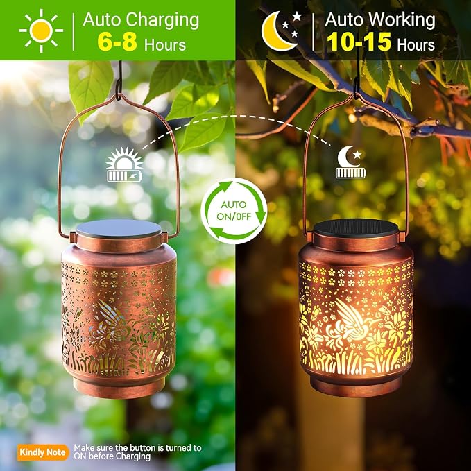 KOOPER Solar Lanterns Outdoor Waterproof Birthday Gifts for Women Mon Grandma, 2 Pack Brighter Hummingbird Hanging Solar Lantern Lights Outdoor, 2 Modes Metal Outdoor Decoration for Yard, Patio