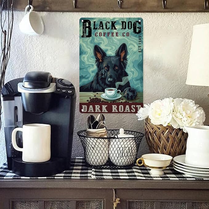 Metal German Shepherd Tin Sign Black German Shepherd Dark Roast Vintage Sign for Cafe Wall Art Home Bar Decor 8x12Inch