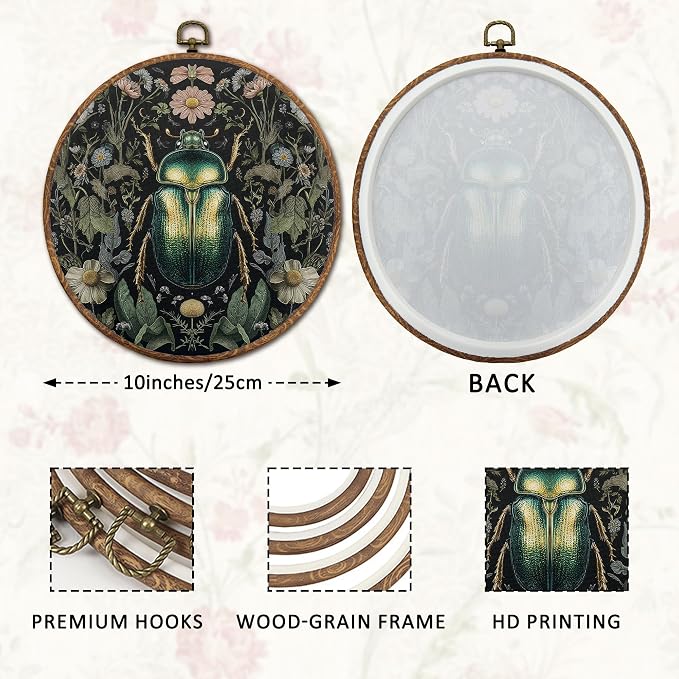DOFQZ Vintage Dark Green Beetle Round Wall Art Decor, Retro Botanical Art Deco Framed Wall Art, Dark Cottagecore Moody Wildflower Canvas Wall Hanging Decor for Home Bedroom Living Room, 10x10