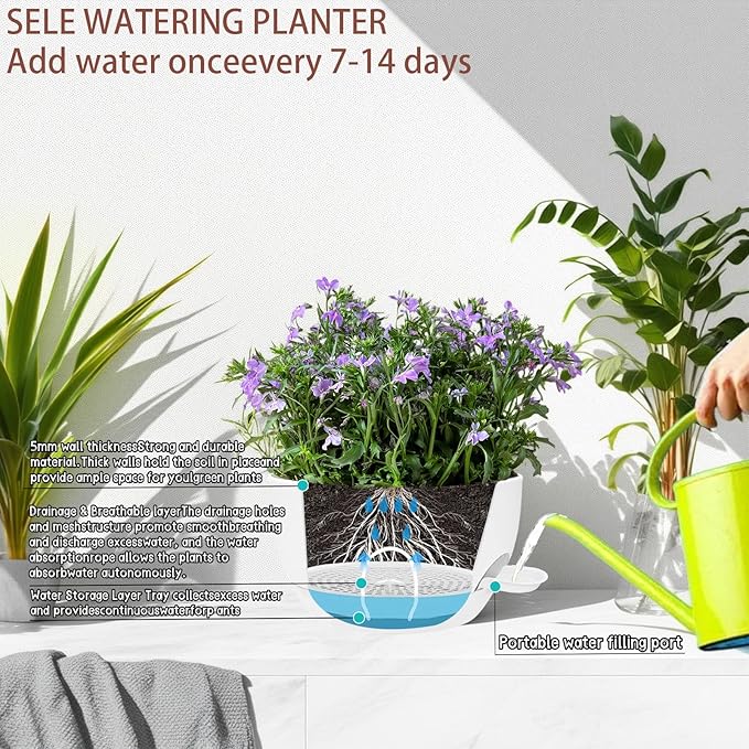 2 Pack 12" Self Watering Hanging Planters, White with Chains | Plastic hanging baskets with 43 Oz removable reservoir, for indoor outdoor plants, patio porch garden balcony decor