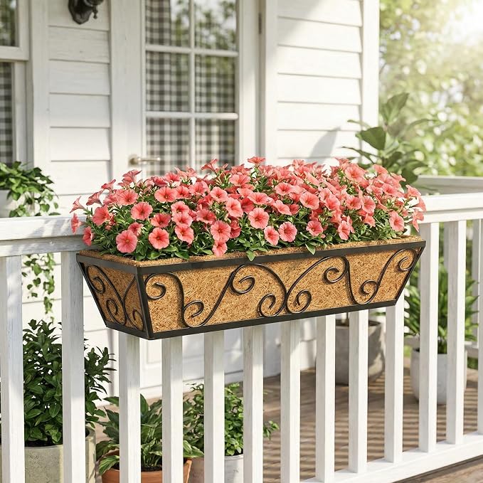 Y&M 24 Inch Window Deck with Coco Liner, Fence Metal Hanging Flower Planter Window Basket Deck Railing Planter Boxes for Outdoor Garden Lawn-Butterfly, 4pcs