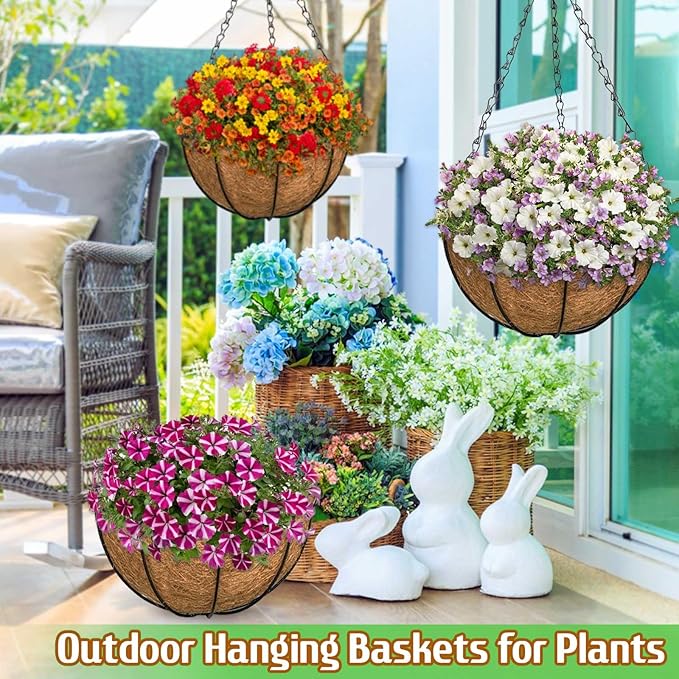 ZeeDix 3 Pack 10 Inch Metal Hanging Baskets, Round Wire Hanging Planters with Coconut Liners Replacement for Plants Flowers Outdoor Outside Deck Porch Garden Balcony Decoration