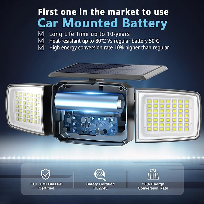 JEJOT Solar Security Light Outdoor Super Bright LED, Motion Sensor Flood Light, 3 Heads 270° Wide Angle,Remote Control, IP65 Waterproof, 3 Modes (3 Packs)