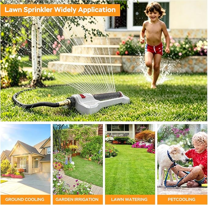 Lawn sprinklers for Yard, Lawn and Garden Covers Up to 3,200 sq. ft., Heavy Duty Metal Lawn Sprinkler with 19 Precision Nozzles, Adjustable Range Watering System with Independent Front & Back Control