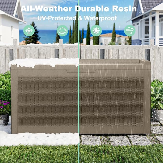 EasyUp 70 Gallon Deck Boxes Outdoor Waterproof, Resin Outside Storage Box for Patio Cushion Furniture Pool Accessories Garden Tools Indoor Outdoor Storage Bench (70 Gallon, Grey)