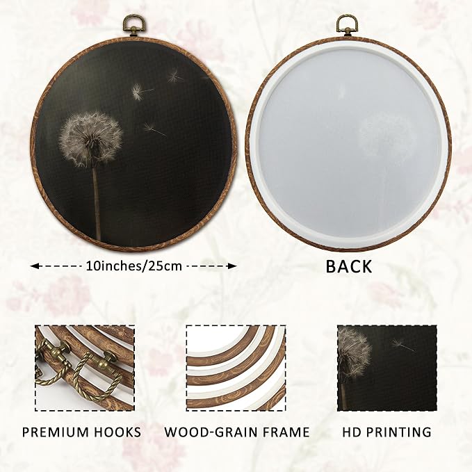 DOFQZ Vintage Dark Dandelion Floral Round Wall Art Decor, Rustic Flower Botanical Framed Wall Art, Dark Cottagecore Moody Plant Canvas Wall Hanging Decor for Home Bedroom Living Room, 10x10
