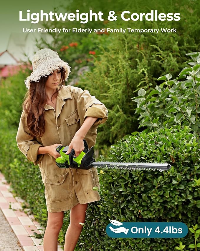 20'' Hedge Trimmers Cordless with 2pcs 4000mAh Battery, Brushless Electric Bush Clipper with Rechargeable Batteries, 3000RPM 180° Rotatable Head, 2/3'' Blade Gap Green,Gifts for Father’s Day