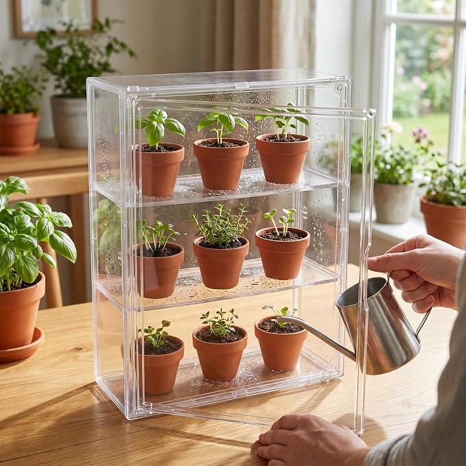 Klmnop Clear Mini Greenhouse for Indoor, Small Green House with Magnetic Waterproof Door for Small Plants & Germination, Stackable Tabletop Greenhouse for Windowsill or Home, 14.2"x10.6"x5.5"