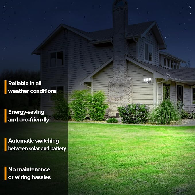 UME Hybrid Solar and Battery Powered Motion Sensor Outdoor Lights, 302 LED 1800LM, IP65 Waterproof, 3-Head Motion Activated LED Flood Light, Energy Efficient Hybrid Security Lights for Garden -2 Pack